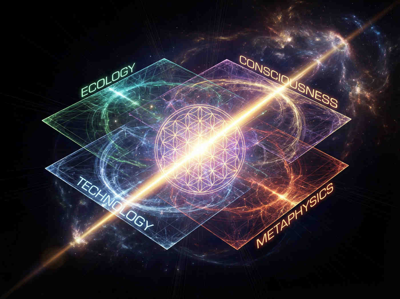 Overlapping translucent planes labeled Ecology, Consciousness, Technology, Metaphysics. A brilliant line of light (the synthesized vector) passes through all, illuminating a central Flower of Life symbol.