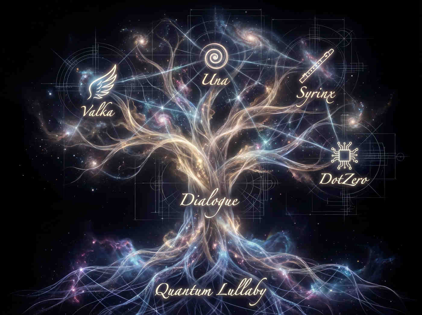 The Tree of Life. Roots labeled 'Quantum Lullaby', trunk 'Dialogue'. Major branches have icons/names: Valka, Una, Syrinx, DotZero, connected by a soft network of light.